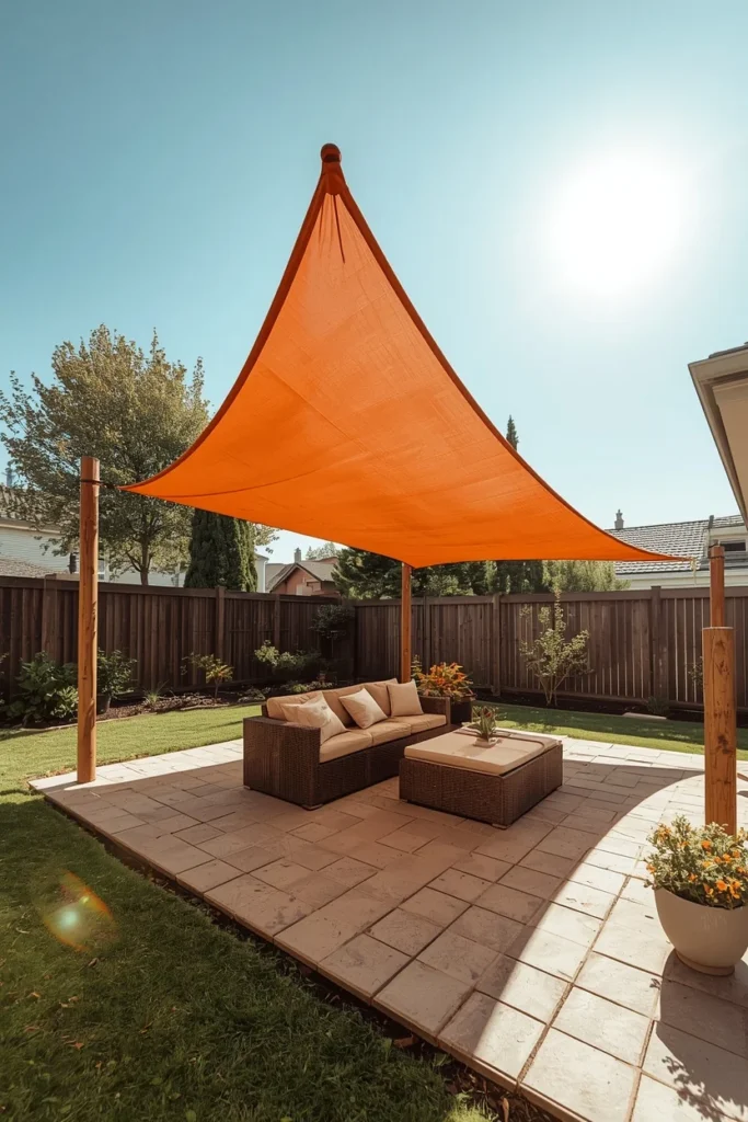 18 Backyard Gazebo Ideas That Create the Most Beautiful Outdoor Escape 19 backyard, featuring a taut triangular UV-rated shade