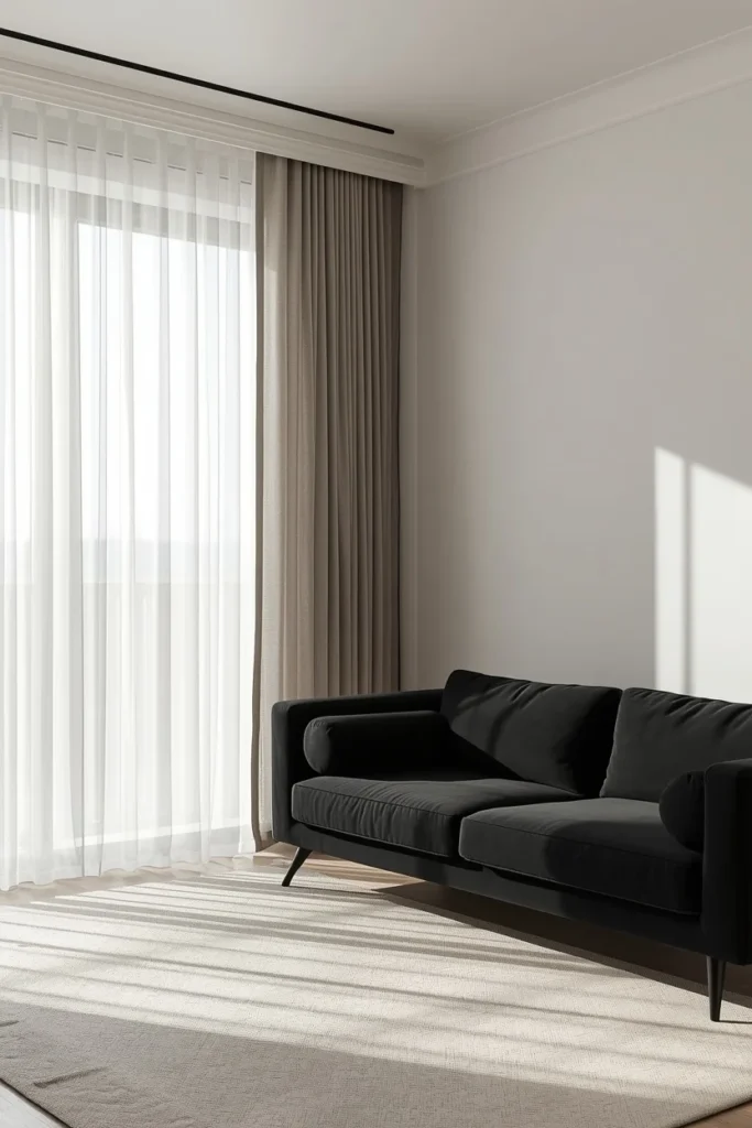 23 Black Sofa Living Room Ideas That Look Sleek, Bold & Super Expensive 19 living room, featuring a black sofa with floor-to-ceiling sheer curtains