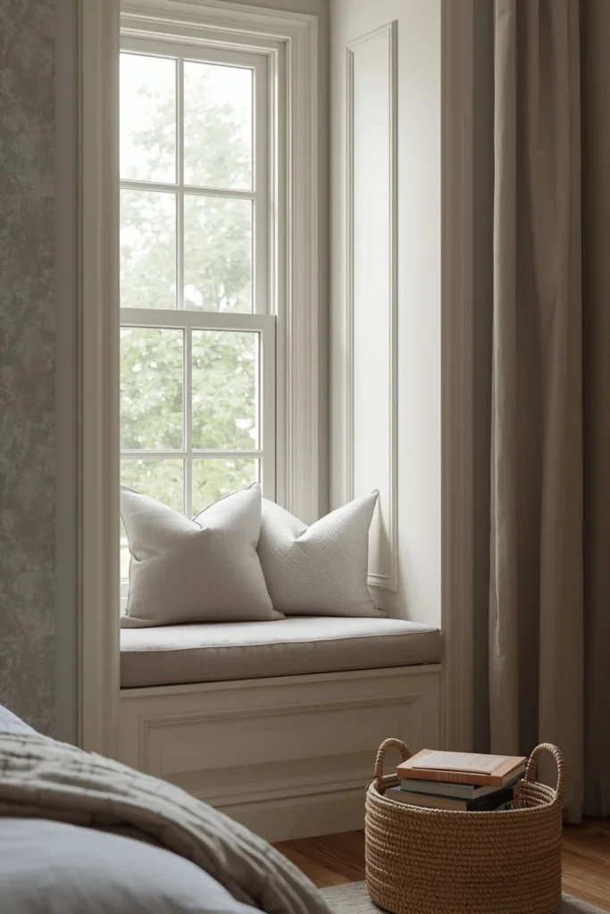 25 Boho Farmhouse Bedroom Ideas That Are Effortlessly Cozy & Beautiful 19 bedroom window nook shot, featuring a linen cushion seat
