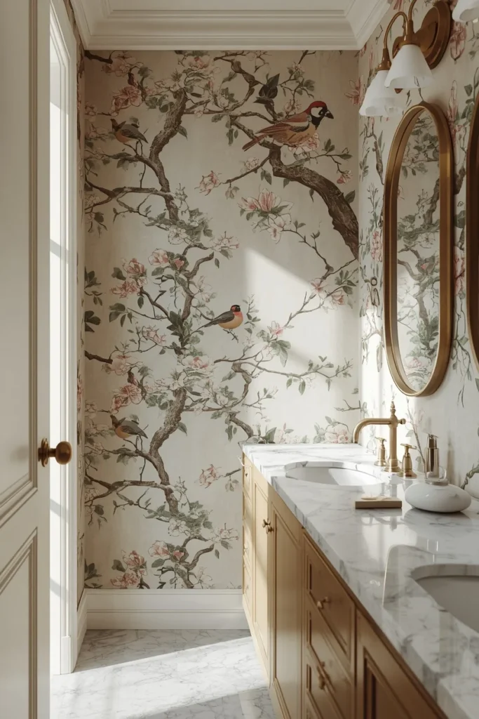 22 Bold Bathroom Wallpaper Ideas That Make Every Guest Say Wow 19 primary bathroom, featuring chinoiserie botanical wallpaper