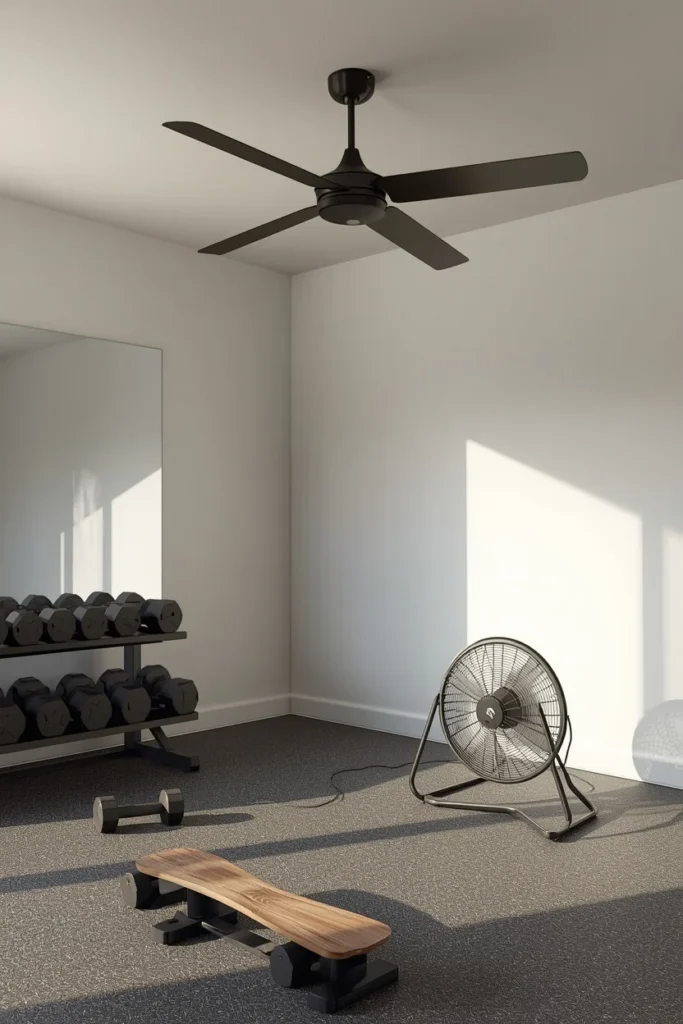 18 Home Gym Ideas That Make Working Out at Home Feel Seriously Motivating 19 home gym, featuring a sleek ceiling fan