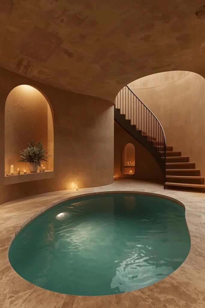 23 Modern Indoor Pool Designs That Are Pure Luxury Right Inside Your Home 19 organic curved luxury indoor pool, freeform kidney-shaped pool
