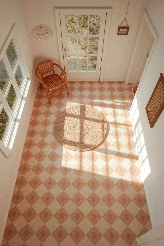 25 She Shed Interior Ideas That Create the Ultimate Personal Retreat 19 she shed interior, featuring a hand-painted soft-color checkerboard floor pattern