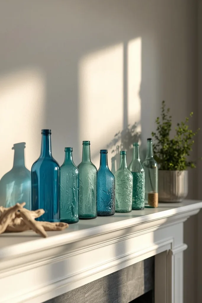 20 Summer Mantel Ideas That Bring Breezy Seasonal Charm Into Your Home 19 fireplace mantel, featuring a collection of sea glass bottles in blue and green tones