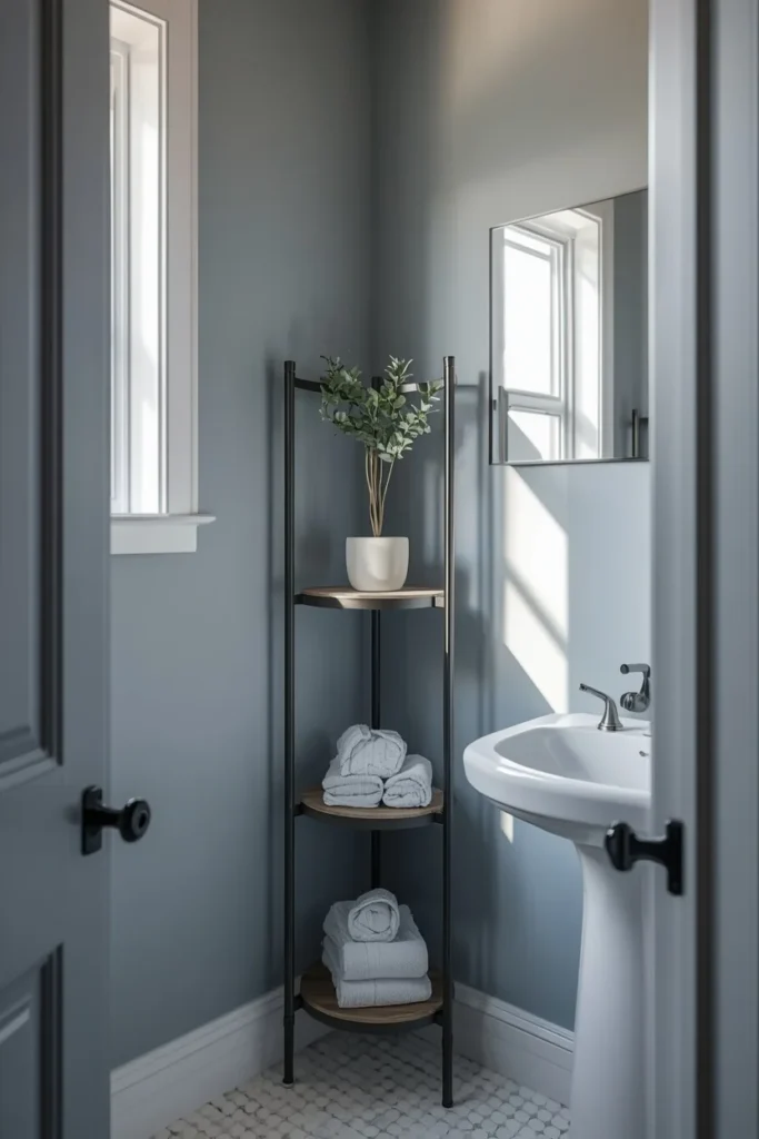 24 Tiny Powder Room Ideas That Make the Biggest Impression 19 tiny powder room, featuring a slim tiered corner shelf unit