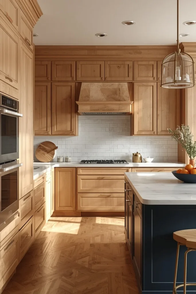 23 Two-Tone Kitchen Cabinet Combos That Look Insanely Expensive 19 kitchen, featuring warm stone-toned perimeter cabinetry and a deep navy kitchen island