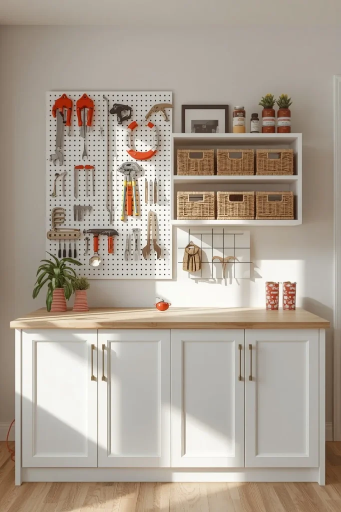 21 Home Office Aesthetic Ideas That Make Working From Home Actually Enjoyable 19 home office, featuring wall-mounted pegboard