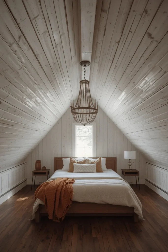 19 Attic Bedroom Ideas That Turn Forgotten Space Into a Dreamy Hideaway 20 attic bedroom shot, featuring a whitewashed wood plank ceiling