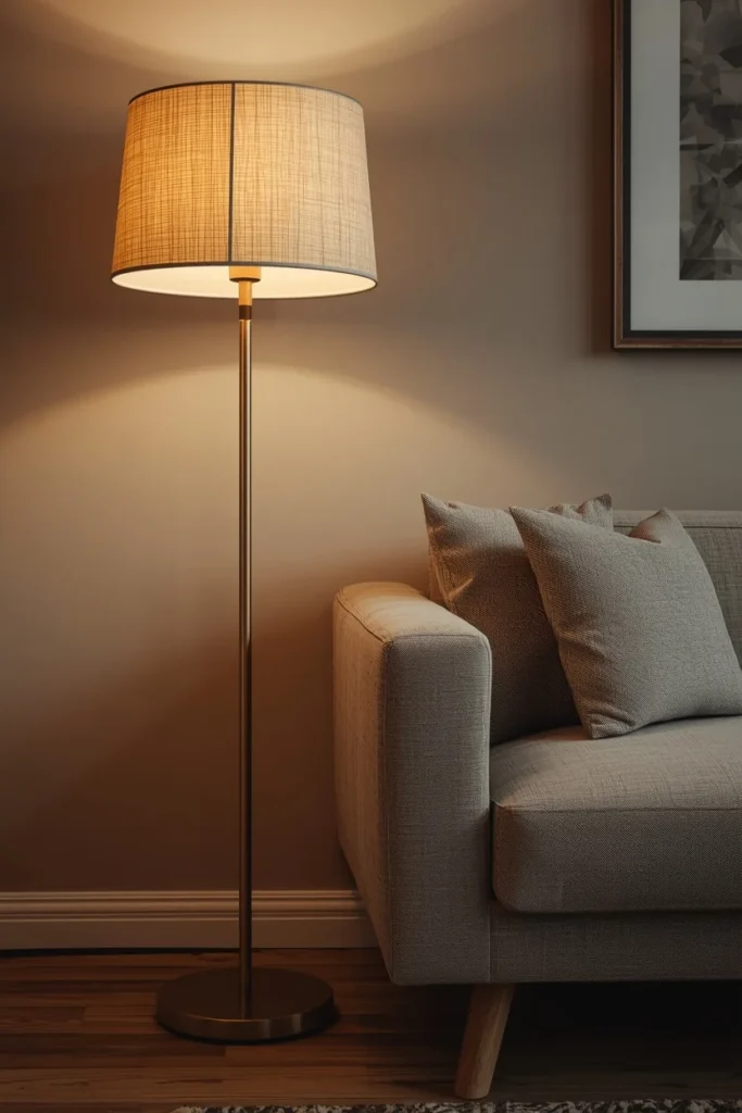 24 Basement Ideas That Transform the Most Overlooked Space Into Your Favorite Room 25 a warm brass floor lamp with linen shade