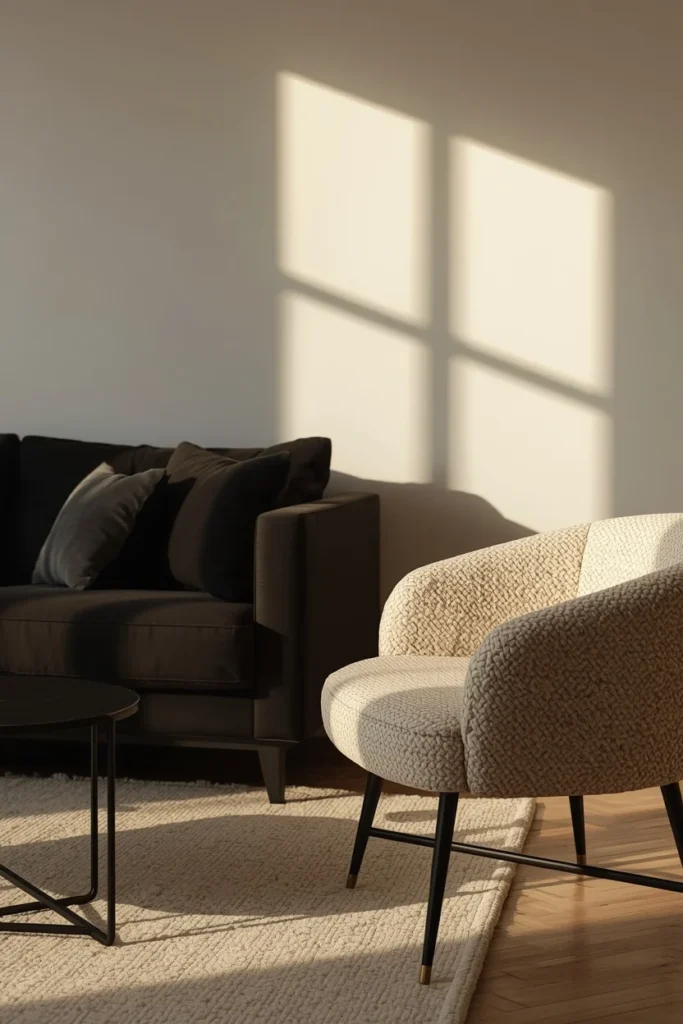 23 Black Sofa Living Room Ideas That Look Sleek, Bold & Super Expensive 20 living room, featuring a black sofa beside two cream bouclé accent chairs,