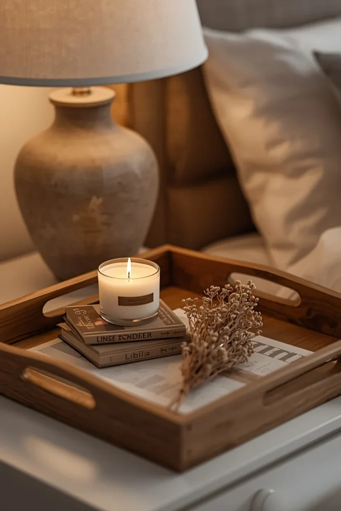 25 Boho Farmhouse Bedroom Ideas That Are Effortlessly Cozy & Beautiful 20 close-up nightstand styling shot, featuring a wood tray with a lit candle,