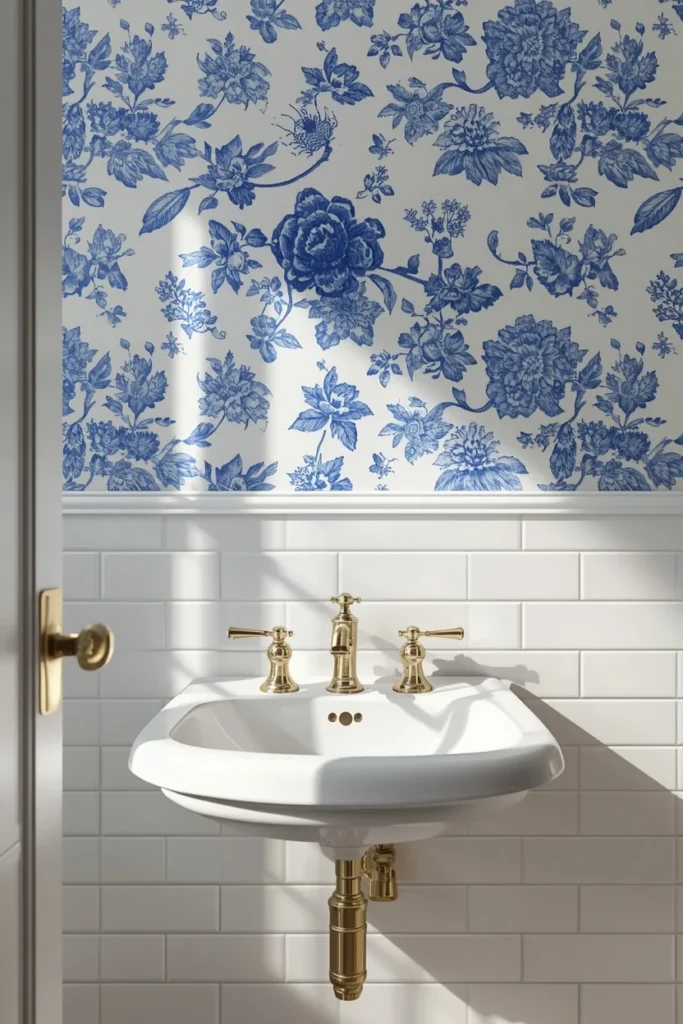 22 Bold Bathroom Wallpaper Ideas That Make Every Guest Say Wow 20 bathroom, featuring vintage Delft-style blue floral wallpaper