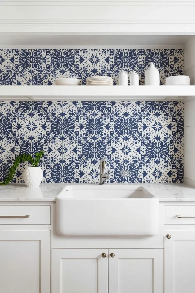 21 Country Kitchen Backsplash Ideas That Make Your Whole Kitchen Pop 19 Patterned Moroccan-Inspired Tile in Navy and White