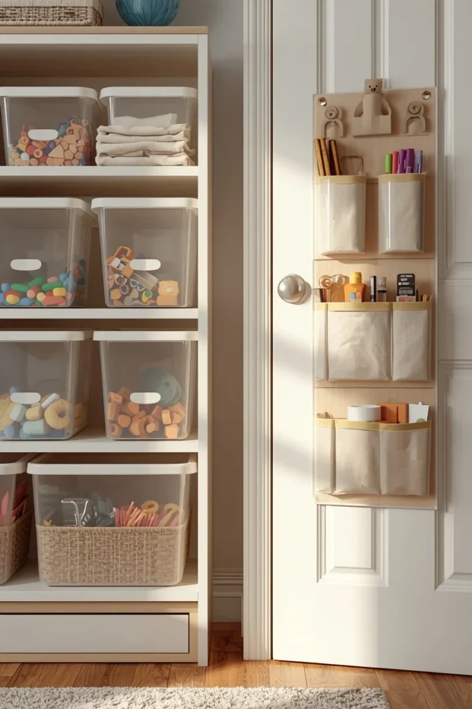 22 Genius Playroom Ideas That Kids Will Love & Parents Will Actually Appreciate 20 children's playroom, featuring clear plastic storage bins