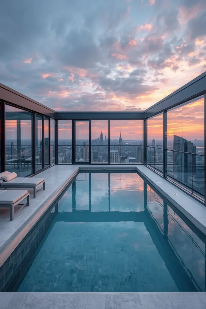 23 Modern Indoor Pool Designs That Are Pure Luxury Right Inside Your Home 20 rooftop enclosed glass pool room,