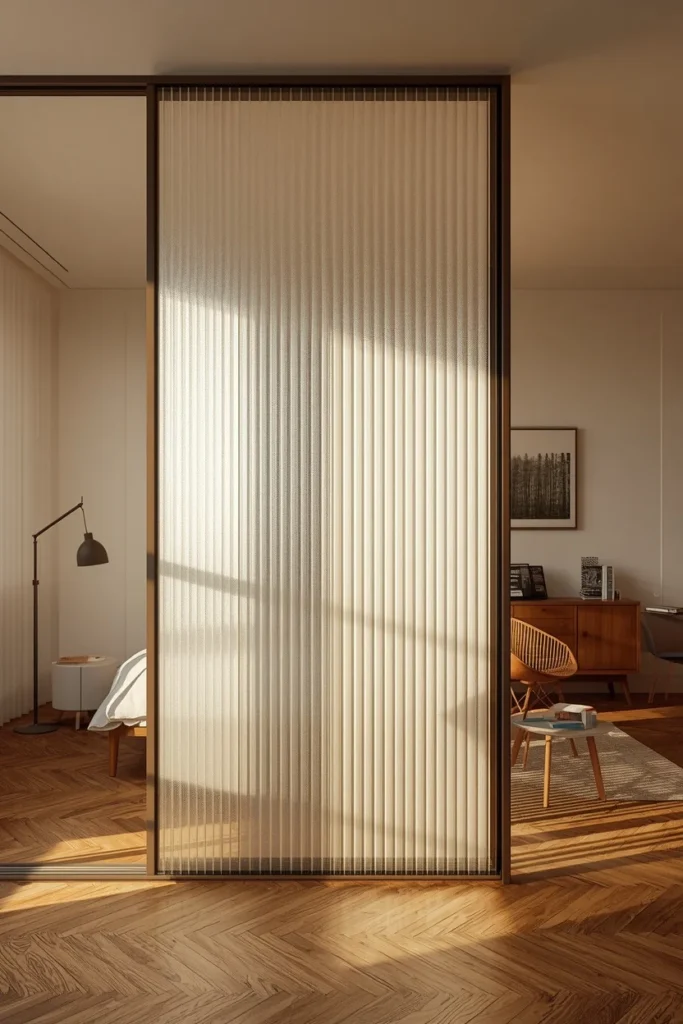 20 Studio Apartment Ideas That Make One Room Feel Like a Whole Beautiful Home 20 studio apartment, featuring a fluted glass partition