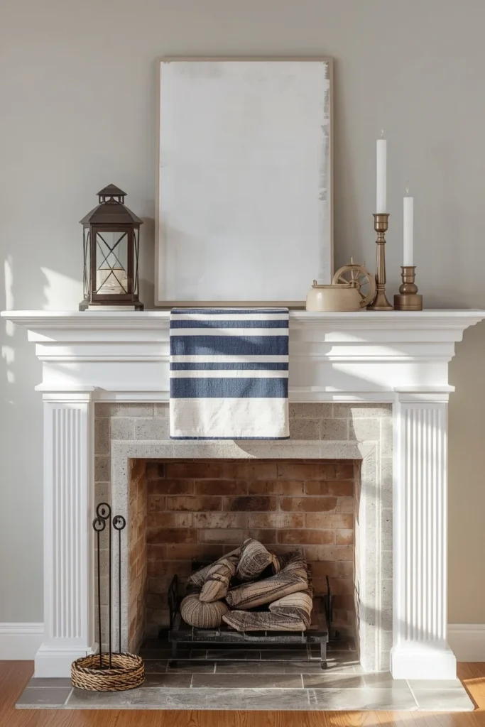 20 Summer Mantel Ideas That Bring Breezy Seasonal Charm Into Your Home 20 fireplace mantel, featuring a navy and white striped runner,