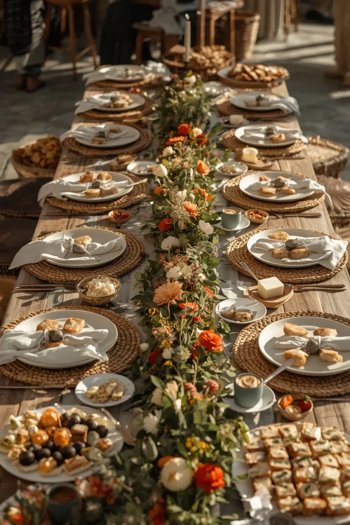 24 Summer Tablescape Ideas That Are Fresh, Colorful & Totally Stunning 20 buffet-style summer table featuring an abundant spread of small plates,