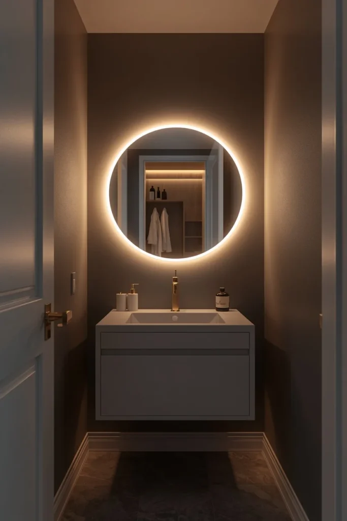 24 Tiny Powder Room Ideas That Make the Biggest Impression 20 small powder room, featuring a round backlit LED mirror