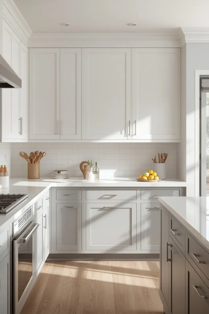 23 Two-Tone Kitchen Cabinet Combos That Look Insanely Expensive 20 kitchen, featuring white upper cabinets and soft gray lower cabinets,