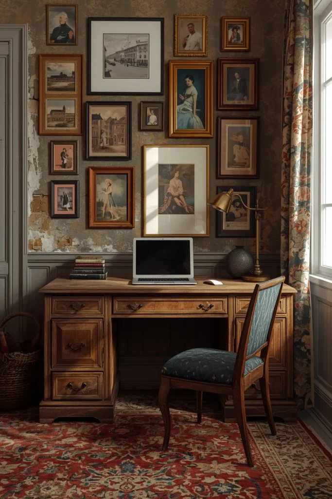 21 Home Office Aesthetic Ideas That Make Working From Home Actually Enjoyable 20 vintage eclectic home office, featuring a weathered antique wood desk