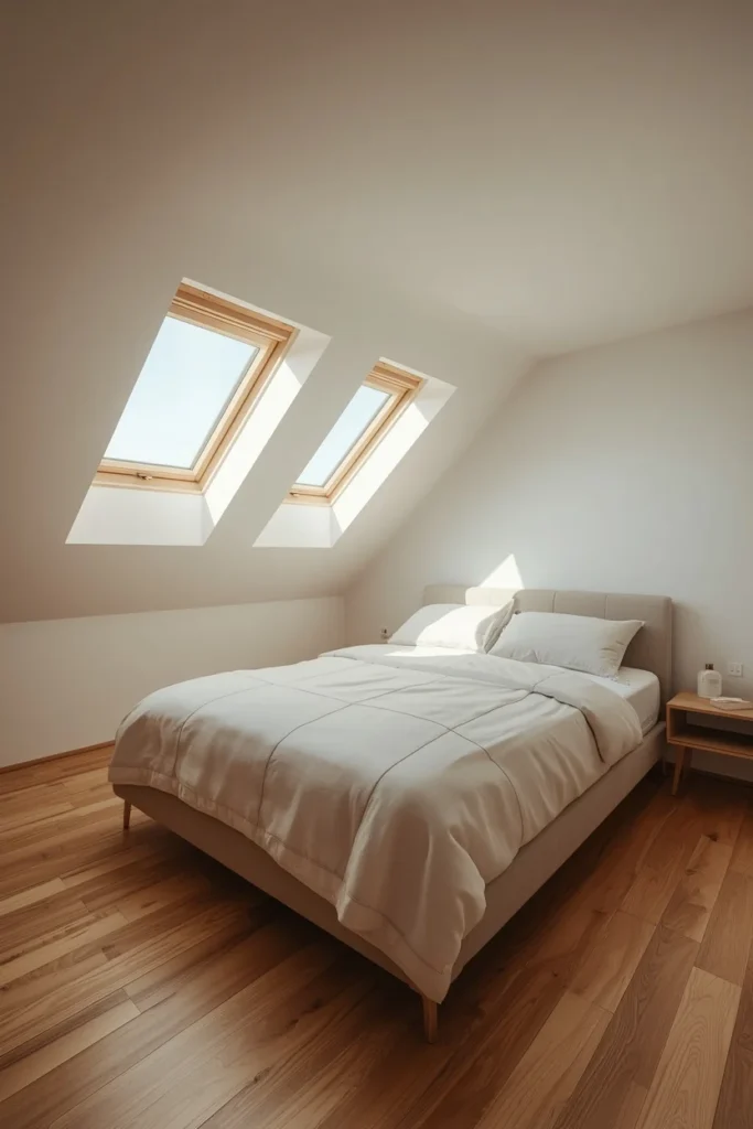 19 Attic Bedroom Ideas That Turn Forgotten Space Into a Dreamy Hideaway 3 attic bedroom wide shot, featuring two skylights positioned along a sloped ceiling