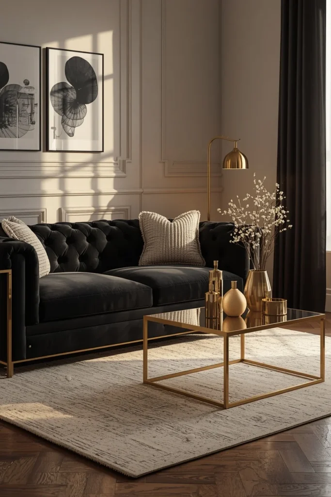 23 Black Sofa Living Room Ideas That Look Sleek, Bold & Super Expensive 3 living room, featuring a black tufted sofa,