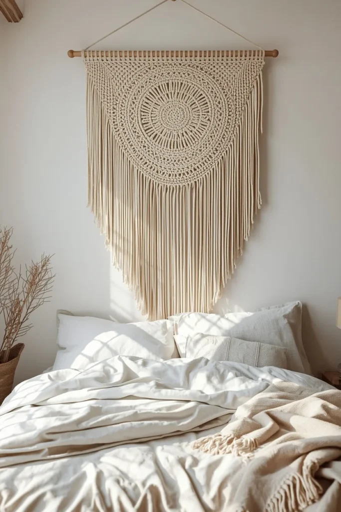 25 Boho Farmhouse Bedroom Ideas That Are Effortlessly Cozy & Beautiful 3 bedroom wide angle shot, featuring an oversized cream macrame wall