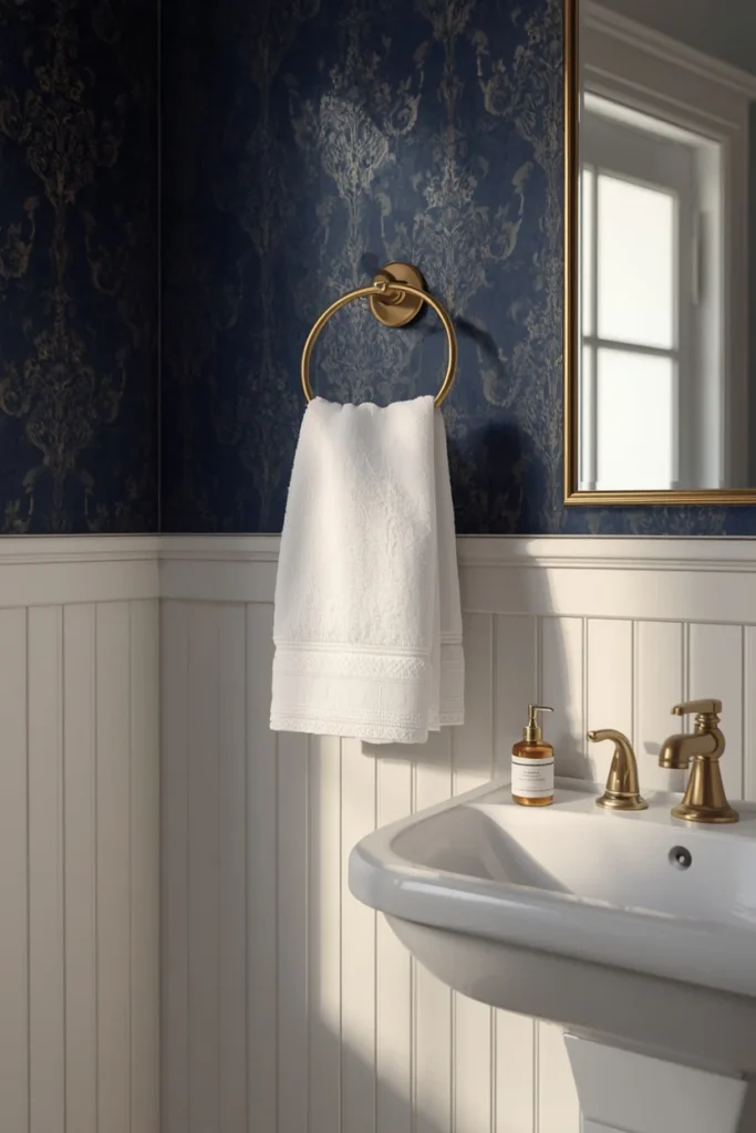 22 Bold Bathroom Wallpaper Ideas That Make Every Guest Say Wow 3 bathroom, featuring navy damask wallpaper
