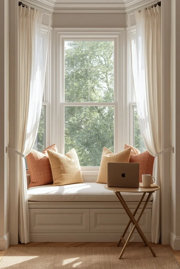 17 Cozy Study Space Ideas That Make Focusing Feel Effortless & Enjoyable 3 bay window study nook, featuring a built-in bench seat