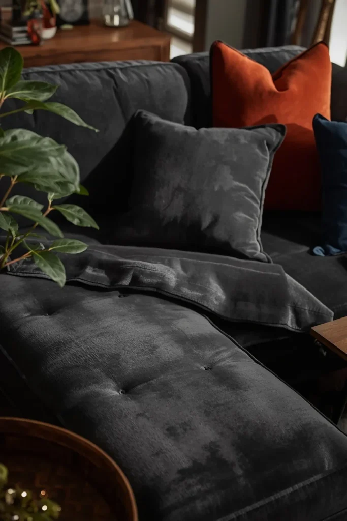 24 Family Room Ideas That Are Stylish Enough for Adults, Fun for Kids 3 family room, featuring a deep charcoal performance velvet sectional sofa