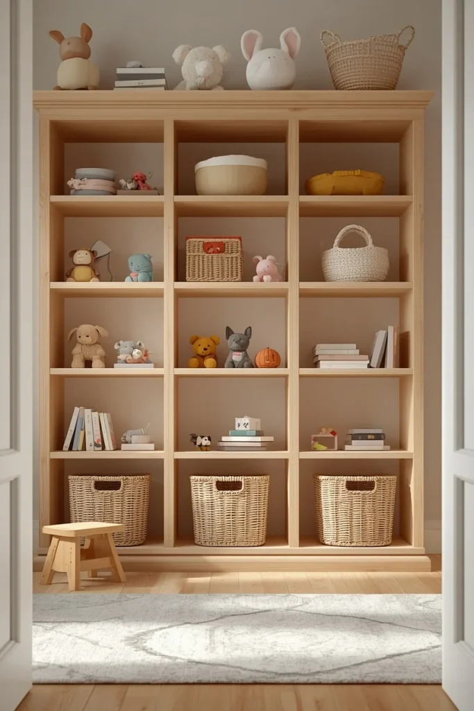 22 Genius Playroom Ideas That Kids Will Love & Parents Will Actually Appreciate 3 children's playroom, featuring low kid-height open wood shelving