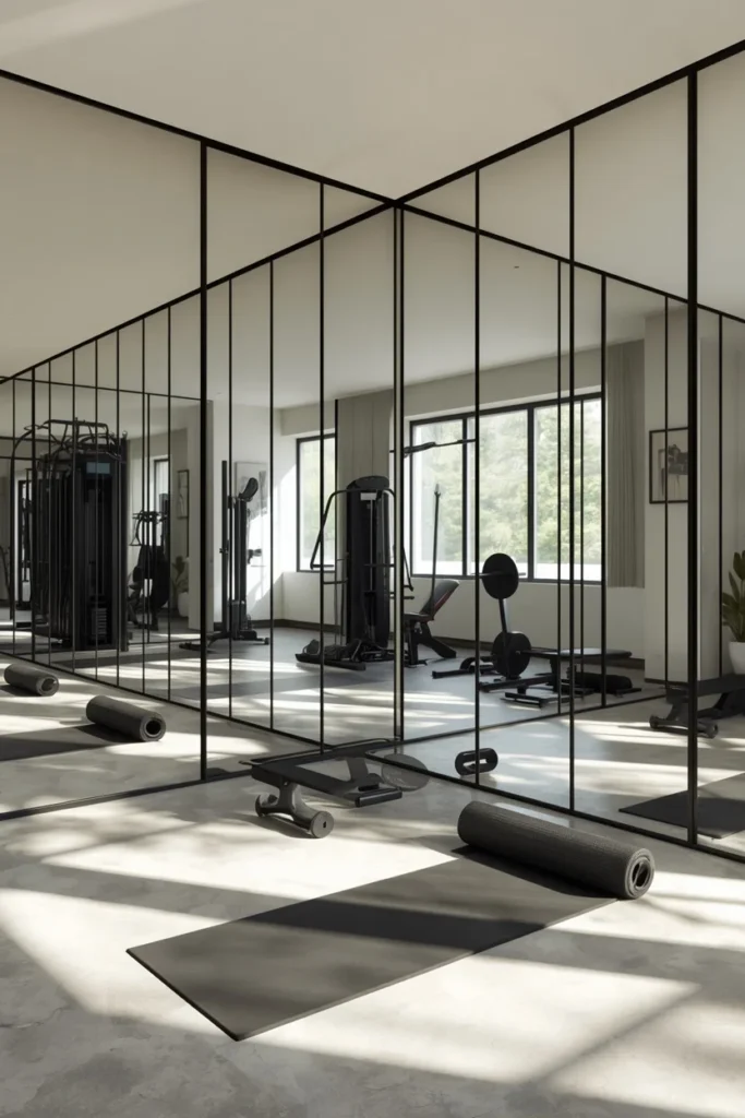 18 Home Gym Ideas That Make Working Out at Home Feel Seriously Motivating 3 home gym, featuring a full wall of floor-to-ceiling mirrors