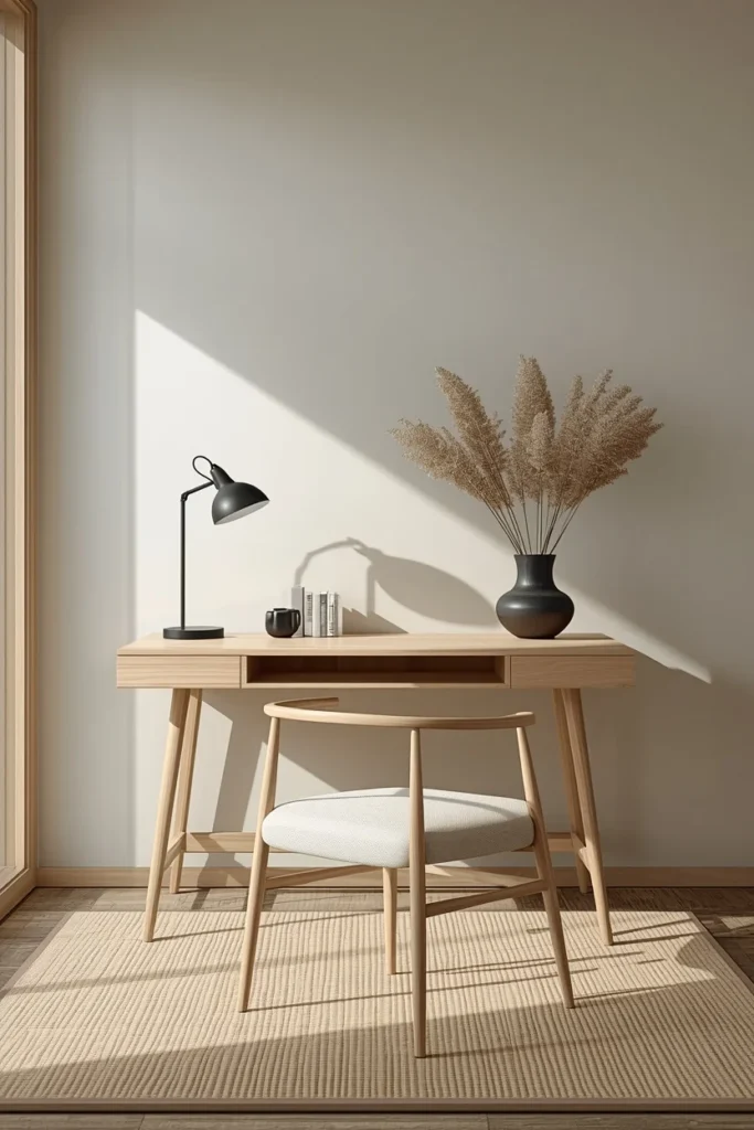 21 Home Office Aesthetic Ideas That Make Working From Home Actually Enjoyable 3 Japandi home office, featuring a low light-wood desk