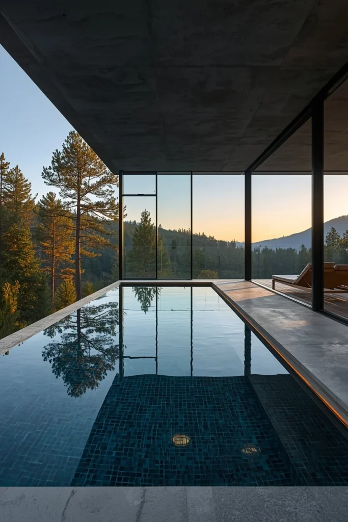 23 Modern Indoor Pool Designs That Are Pure Luxury Right Inside Your Home 3 modern indoor infinity pool, charcoal-dark tile interior,