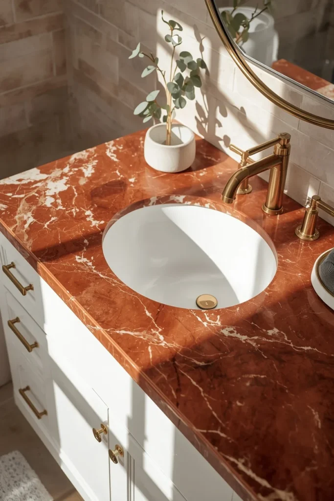 17 Red Marble Bathroom Ideas That Scream Luxury From Every Angle 3 bathroom vanity area, featuring a polished red marble countertop
