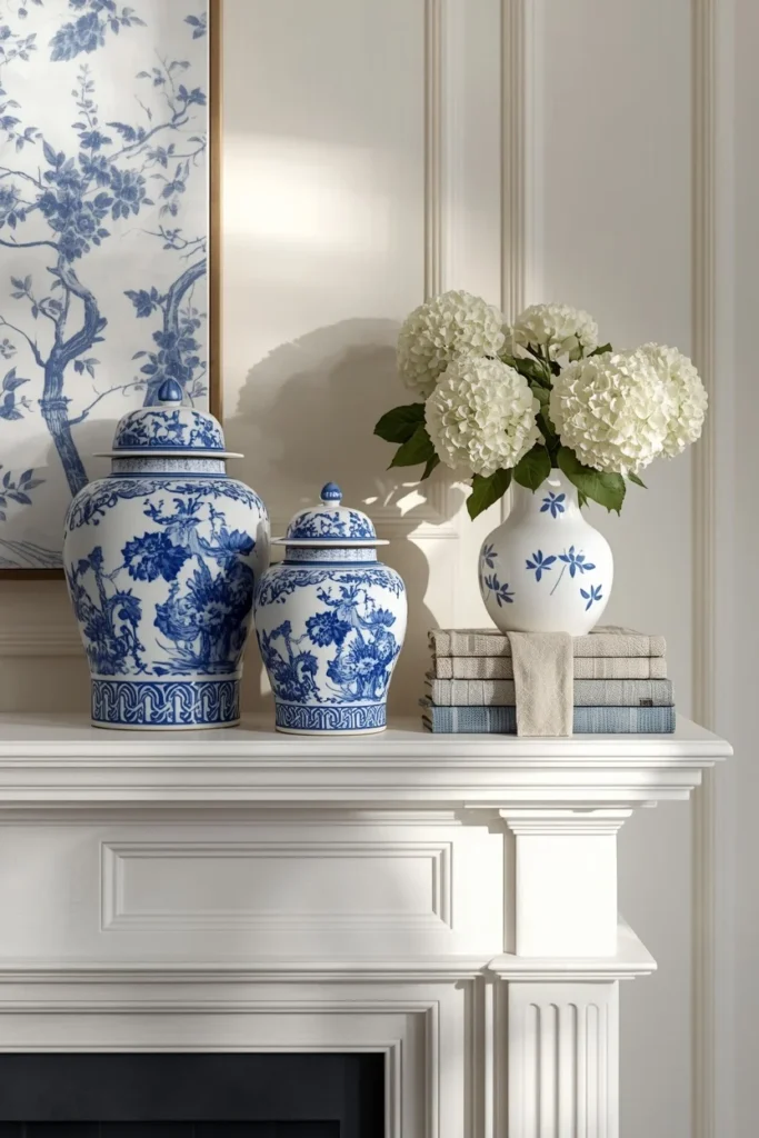 20 Summer Mantel Ideas That Bring Breezy Seasonal Charm Into Your Home 3 fireplace mantel, featuring staggered blue and white chinoiserie ginger jars