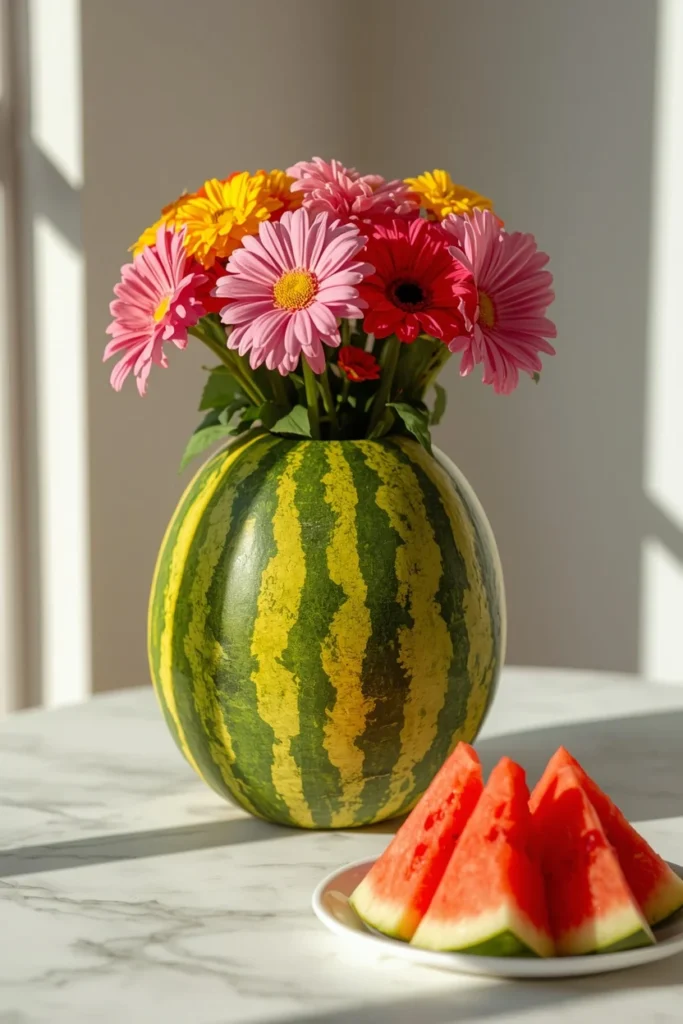24 Summer Tablescape Ideas That Are Fresh, Colorful & Totally Stunning 3 hollowed watermelon used as a vase