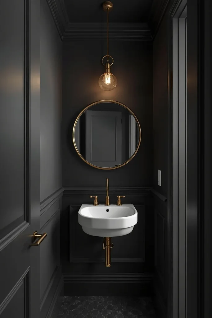 24 Tiny Powder Room Ideas That Make the Biggest Impression 3 tiny powder room, featuring walls, trim, and ceiling painted the same deep charcoal color,