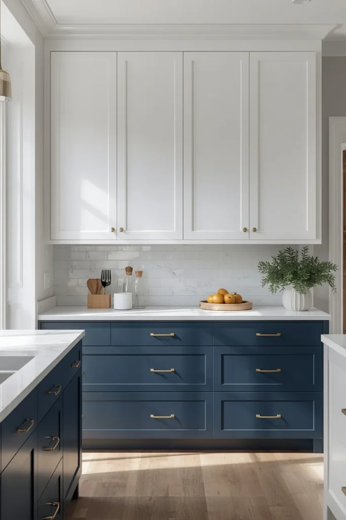 23 Two-Tone Kitchen Cabinet Combos That Look Insanely Expensive 3 kitchen, featuring crisp white upper cabinets and deep navy blue lower cabinets,