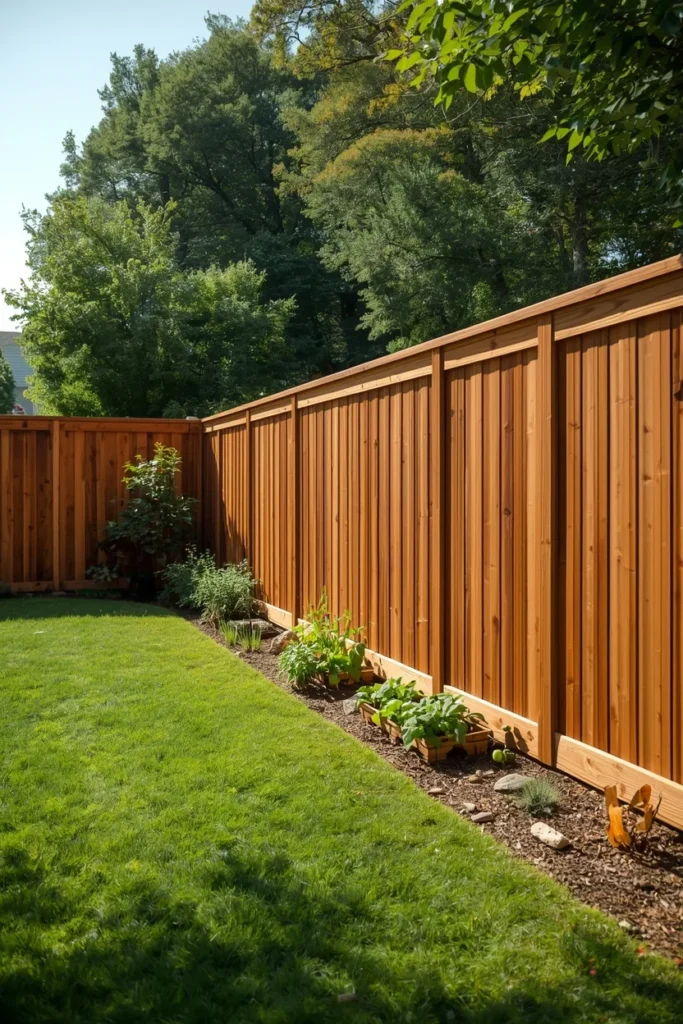 17 Wood Privacy Fence Ideas That Are Beautiful, Functional & Totally Chic 3 suburban backyard exterior, featuring a stained cedar board-on-board privacy fence