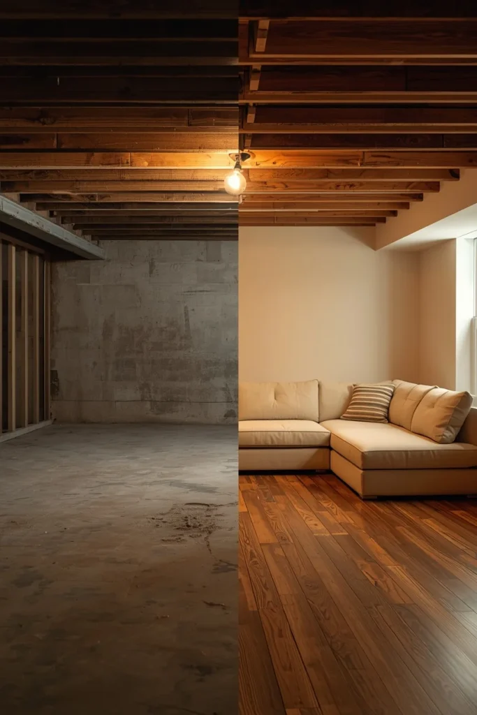 24 Basement Ideas That Transform the Most Overlooked Space Into Your Favorite Room 4 a warm brass floor lamp with linen shade