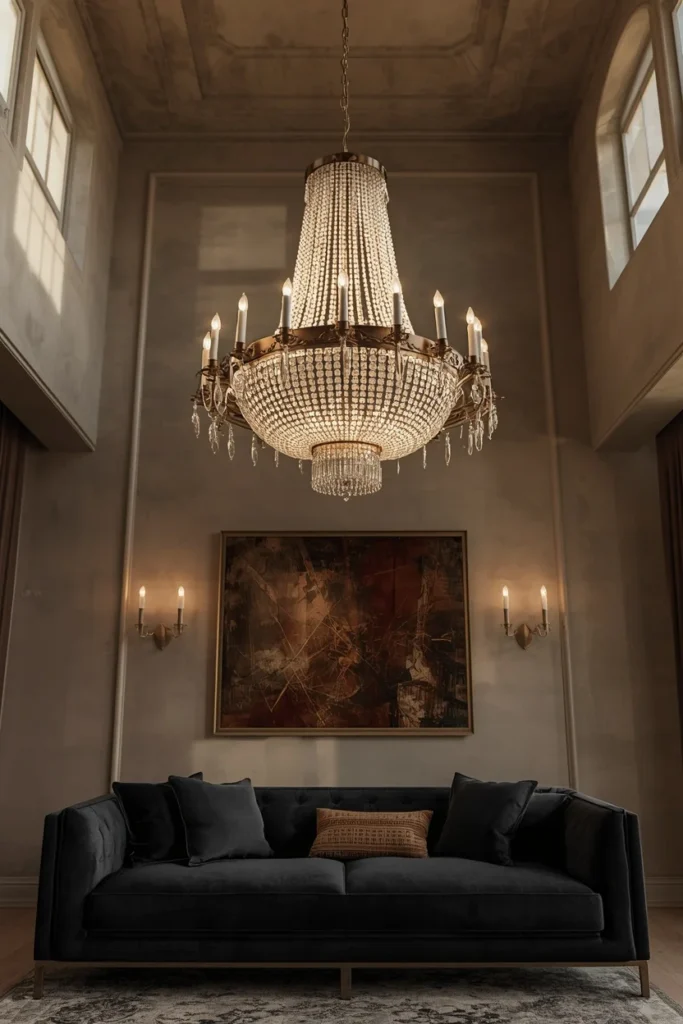 23 Black Sofa Living Room Ideas That Look Sleek, Bold & Super Expensive 21 living room, featuring a black sofa beneath an oversized brass and crystal chandelier,