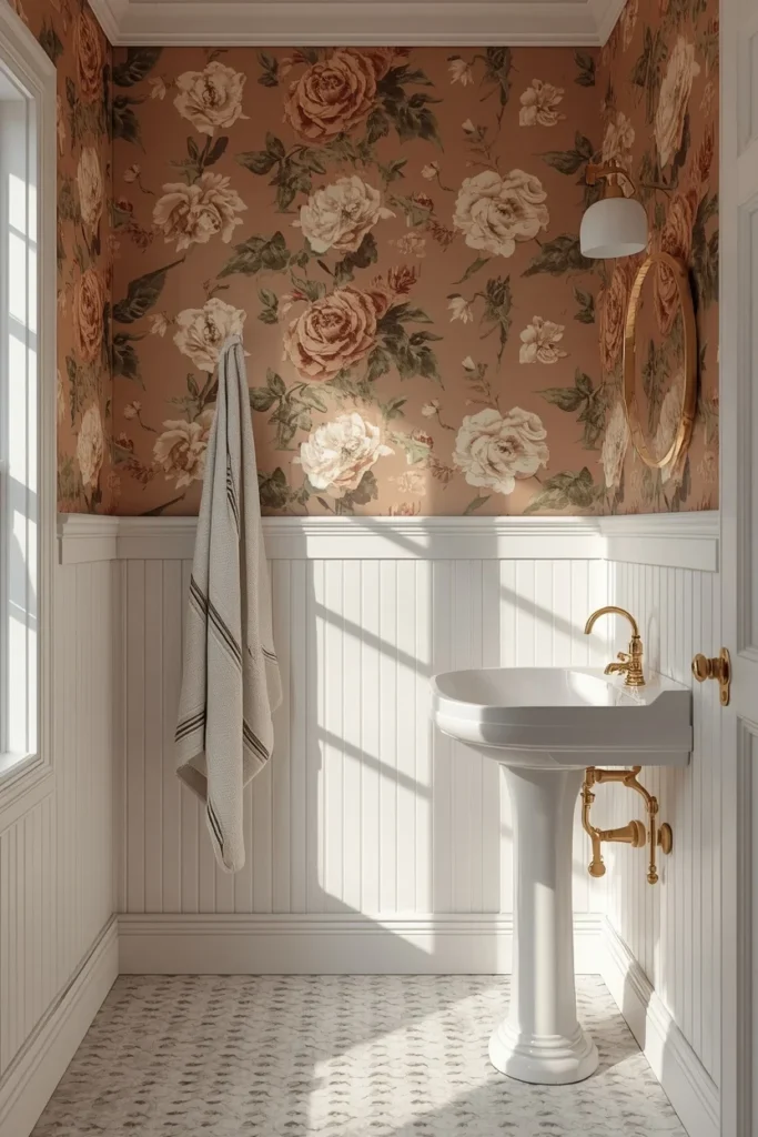 22 Bold Bathroom Wallpaper Ideas That Make Every Guest Say Wow 21 bathroom, featuring bold floral wallpaper