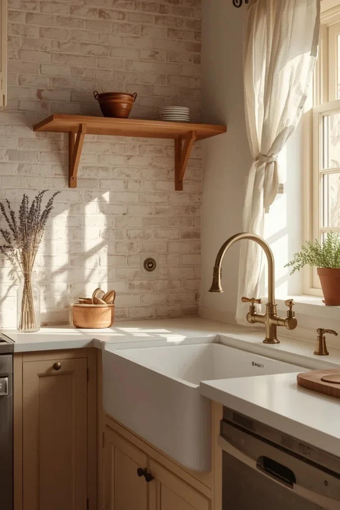 21 Country Kitchen Backsplash Ideas That Make Your Whole Kitchen Pop 20 Whitewashed Brick for Soft Cottage Warmth