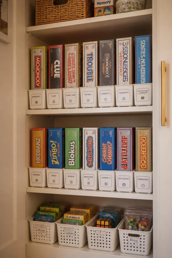 22 Genius Playroom Ideas That Kids Will Love & Parents Will Actually Appreciate 21 playroom storage closet, featuring board games