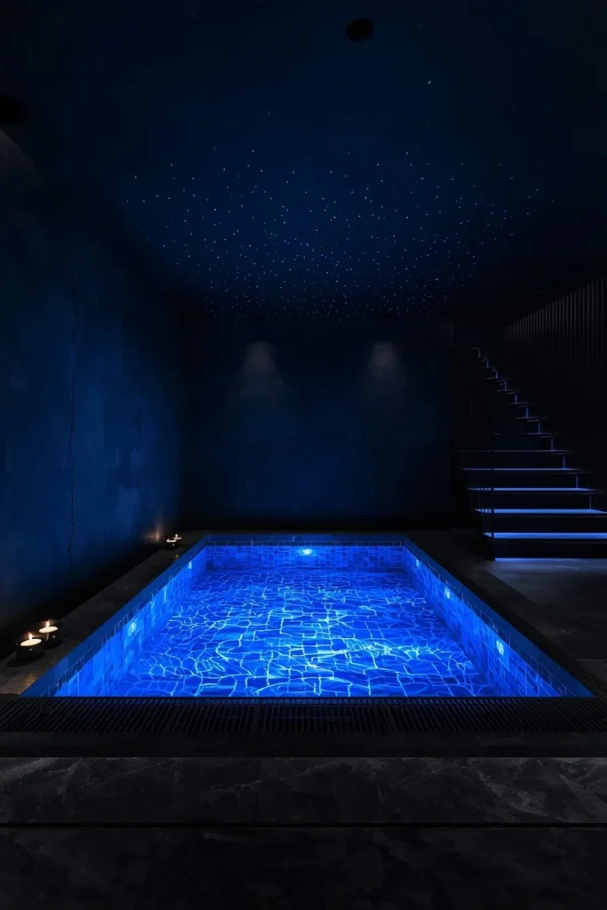 23 Modern Indoor Pool Designs That Are Pure Luxury Right Inside Your Home 21 dark indoor pool room designed for night use,