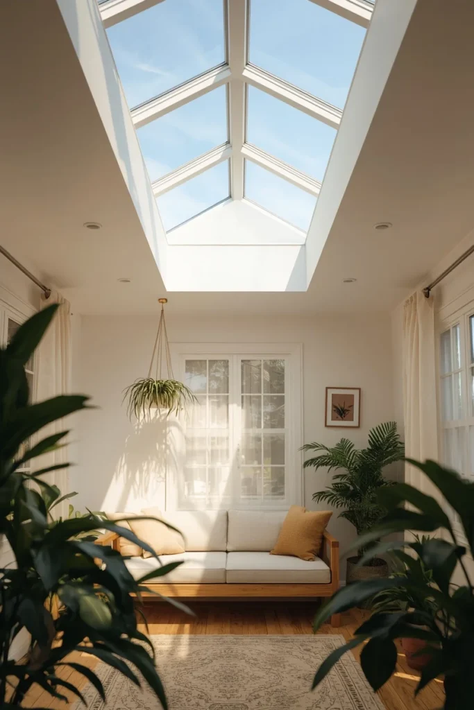 25 She Shed Interior Ideas That Create the Ultimate Personal Retreat 21 she shed interior with a skylight, featuring soft overhead daylight