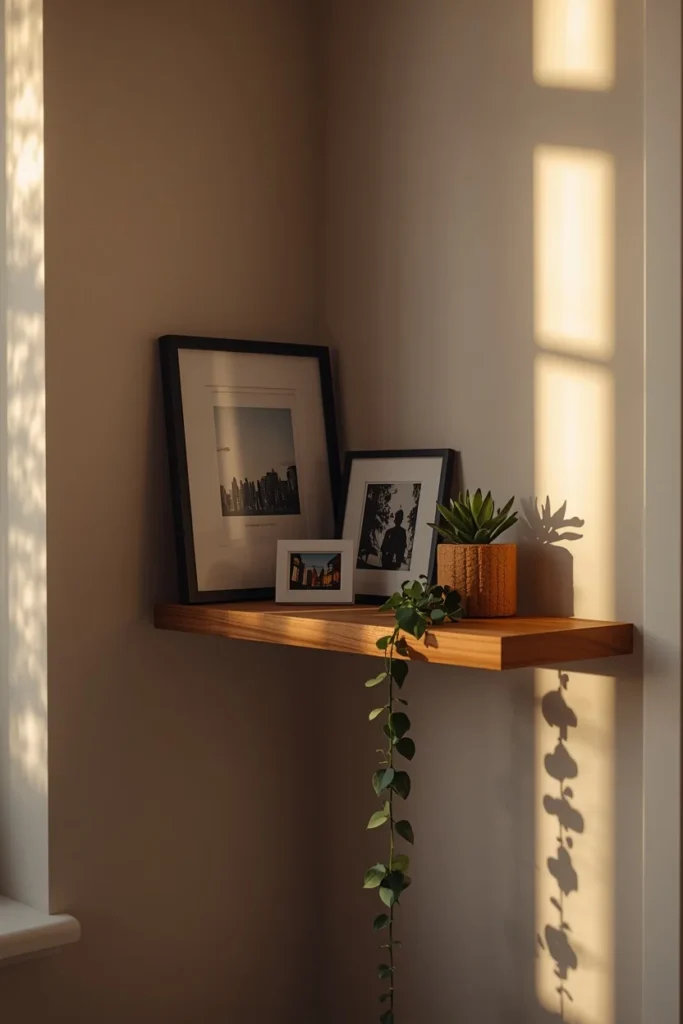 20 Studio Apartment Ideas That Make One Room Feel Like a Whole Beautiful Home 21 studio apartment corner, featuring a floating wood shelf