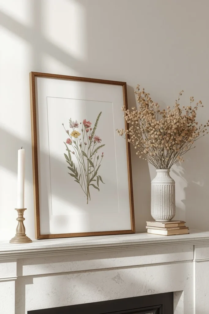 20 Summer Mantel Ideas That Bring Breezy Seasonal Charm Into Your Home 21 fireplace mantel, featuring a framed wildflower print